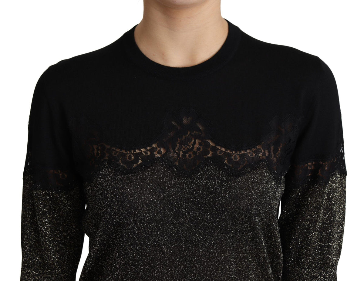 New Dolce & Gabbana Black Shiny Lurex Lace Insert Pullover Top