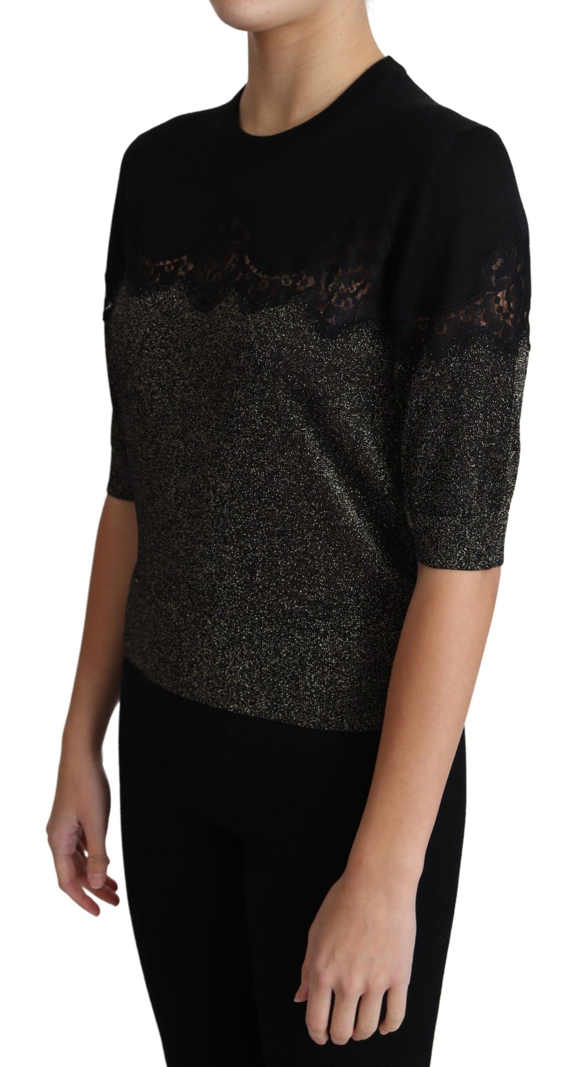 New Dolce & Gabbana Black Shiny Lurex Lace Insert Pullover Top