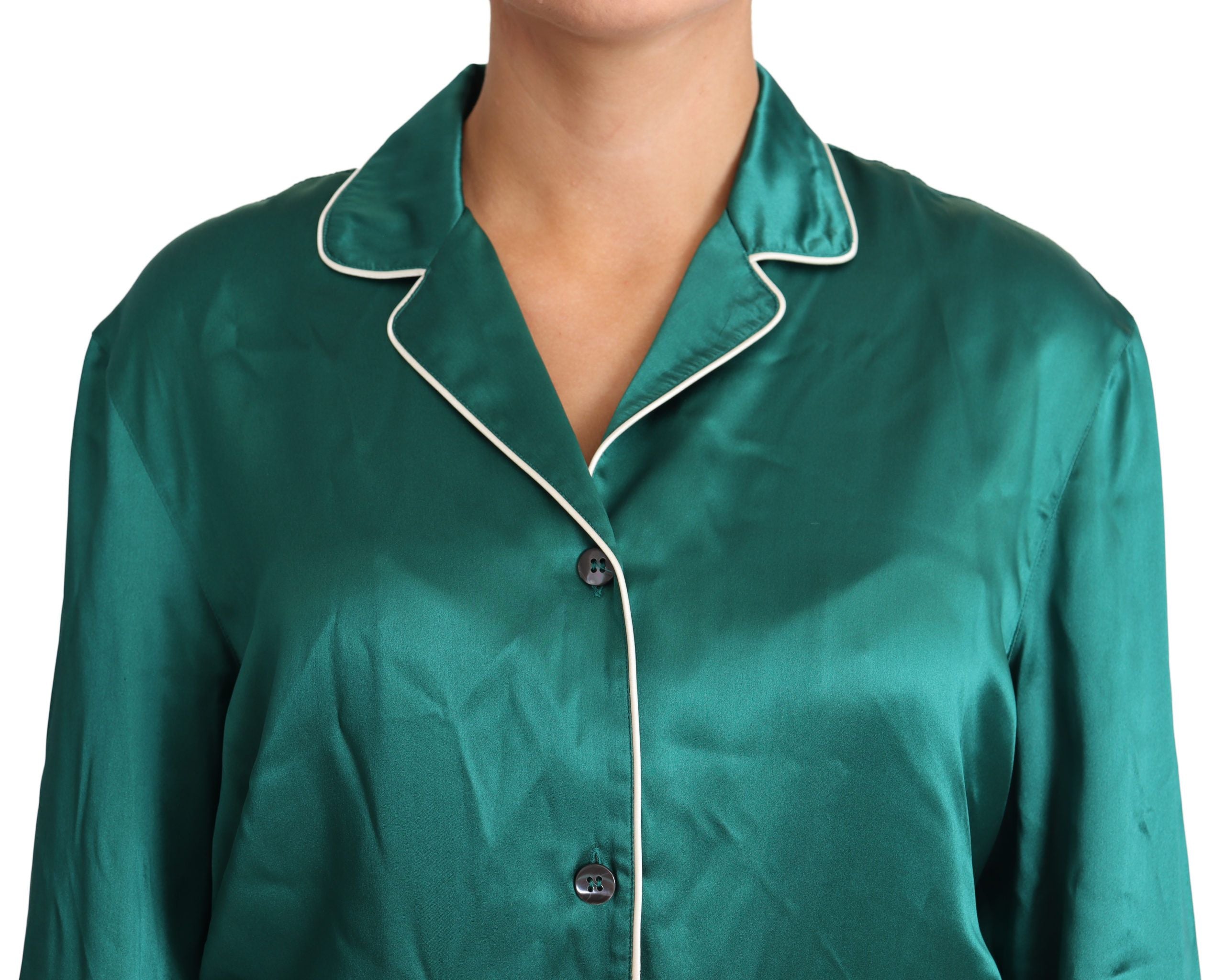 New Dolce & Gabbana Green Pyjama Blouse Silk Lounge Sleepwear Top