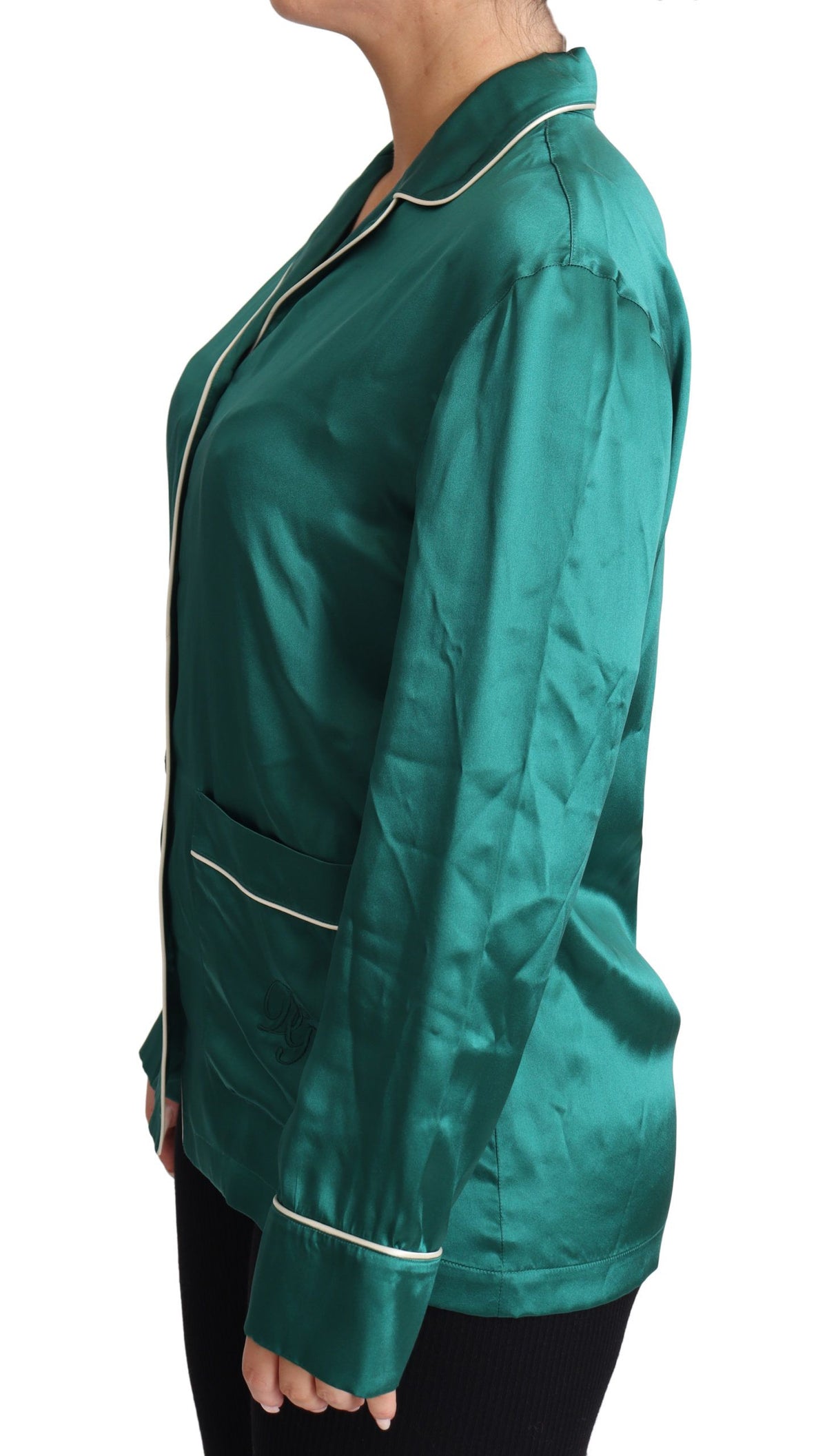 New Dolce & Gabbana Green Pyjama Blouse Silk Lounge Sleepwear Top