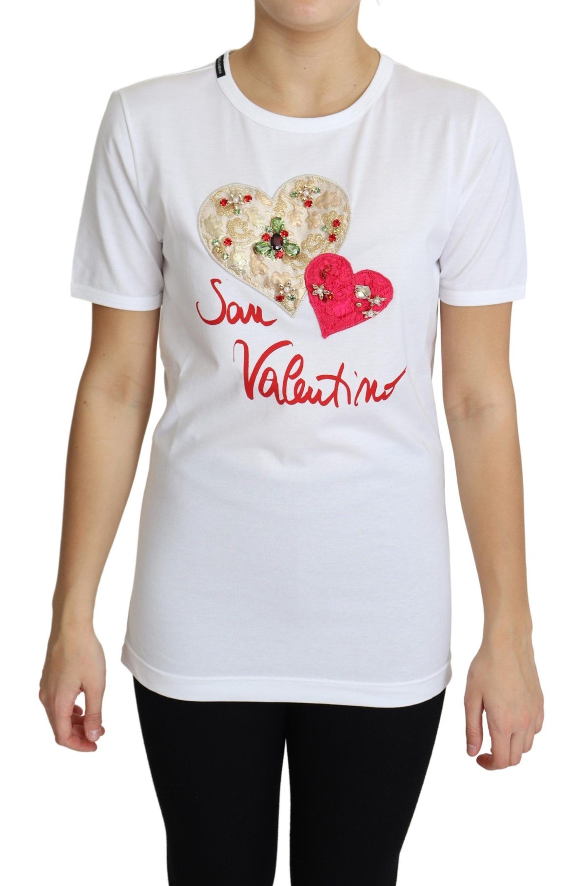 New Dolce & Gabbana White San Valentino Heart Crystals T-shirt Top