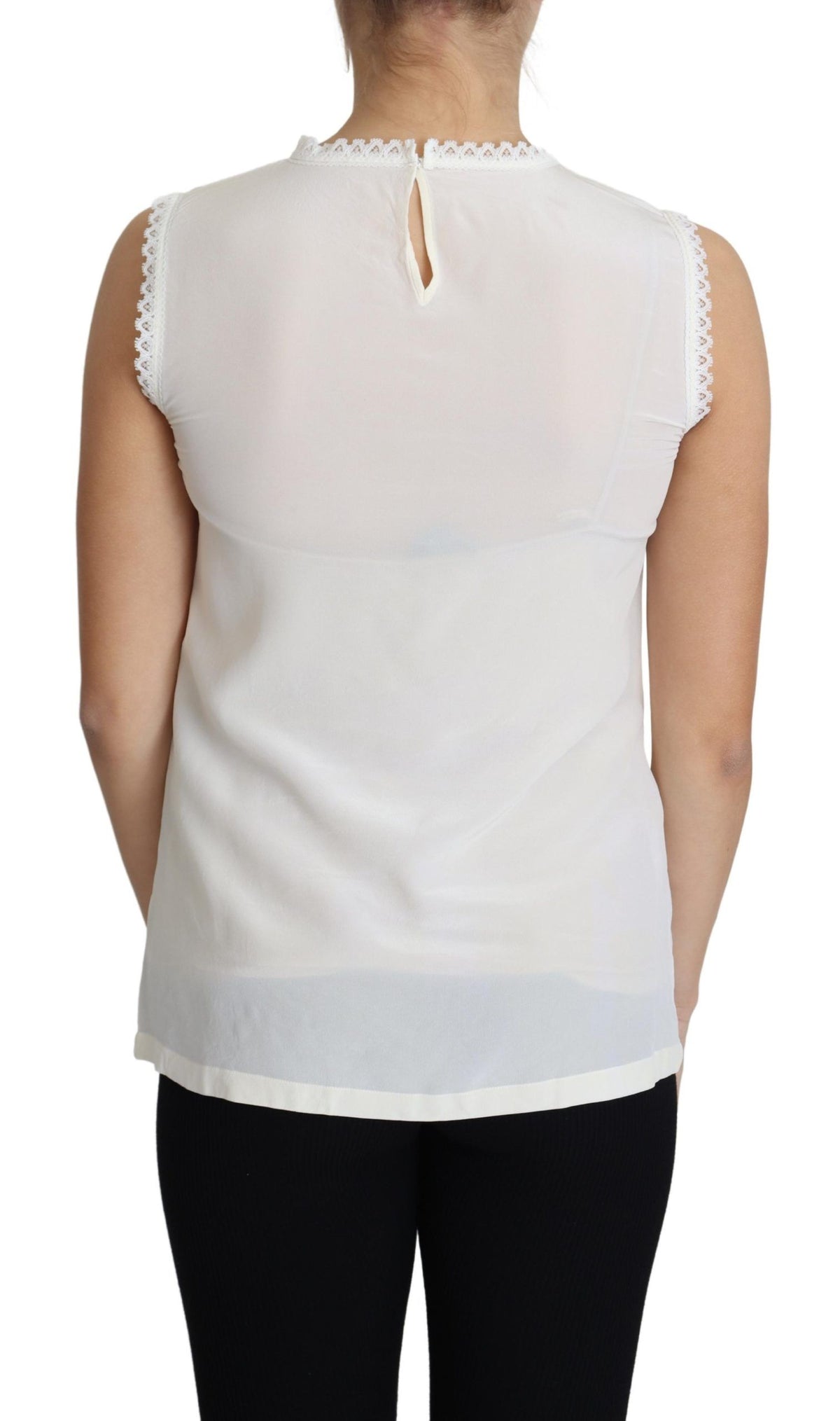 New Dolce & Gabbana White Blouse Silk Lace Trimmed Sleeveless Top