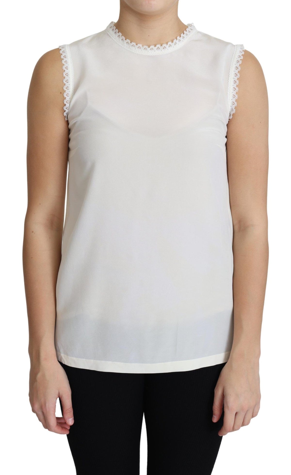 New Dolce & Gabbana White Blouse Silk Lace Trimmed Sleeveless Top