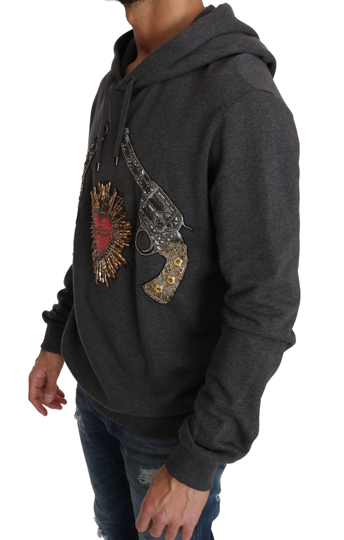 New Dolce & Gabbana Gray Hooded Red Crystal Heart Gun Sweater