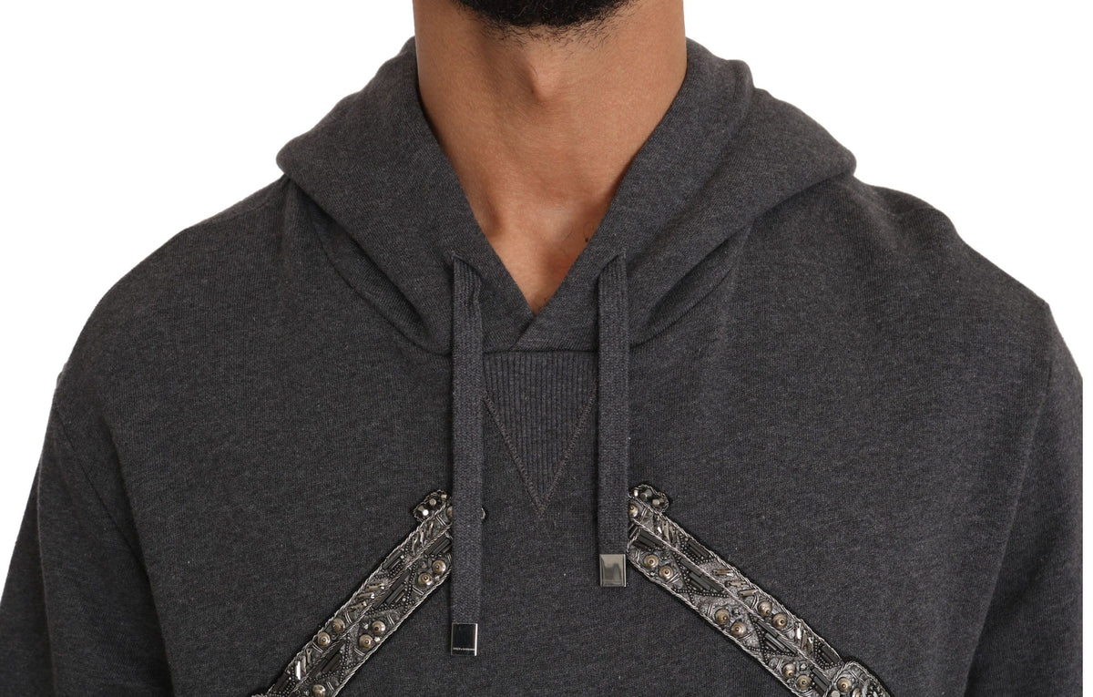 New Dolce & Gabbana Gray Hooded Red Crystal Heart Gun Sweater