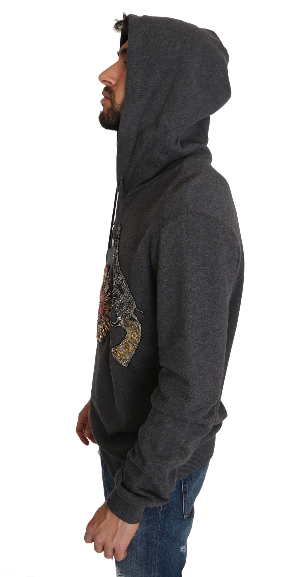 New Dolce & Gabbana Gray Hooded Red Crystal Heart Gun Sweater