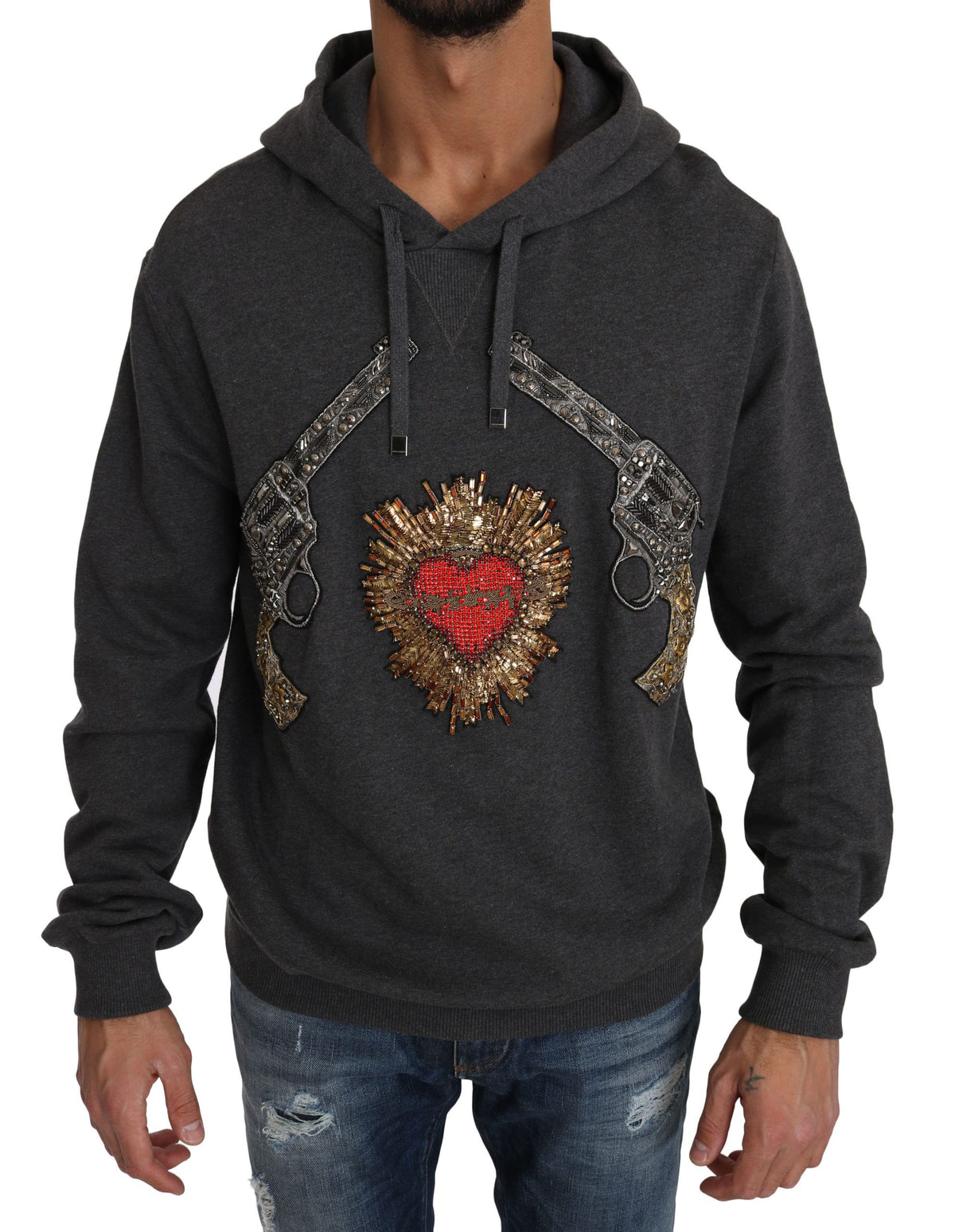 New Dolce & Gabbana Gray Hooded Red Crystal Heart Gun Sweater