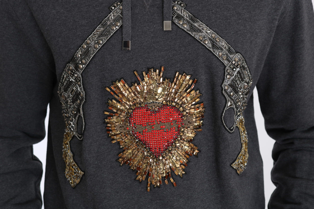 New Dolce & Gabbana Gray Hooded Red Crystal Heart Gun Sweater