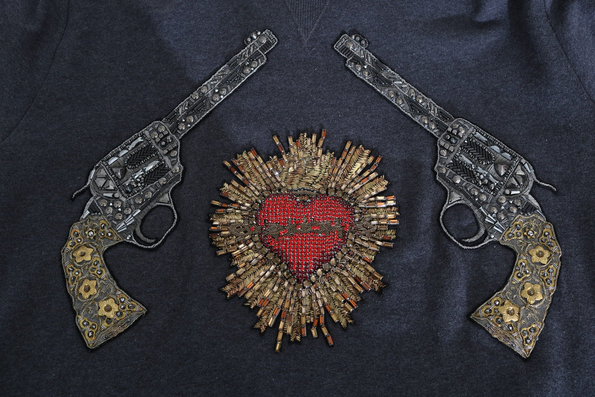 New Dolce & Gabbana Gray Hooded Red Crystal Heart Gun Sweater