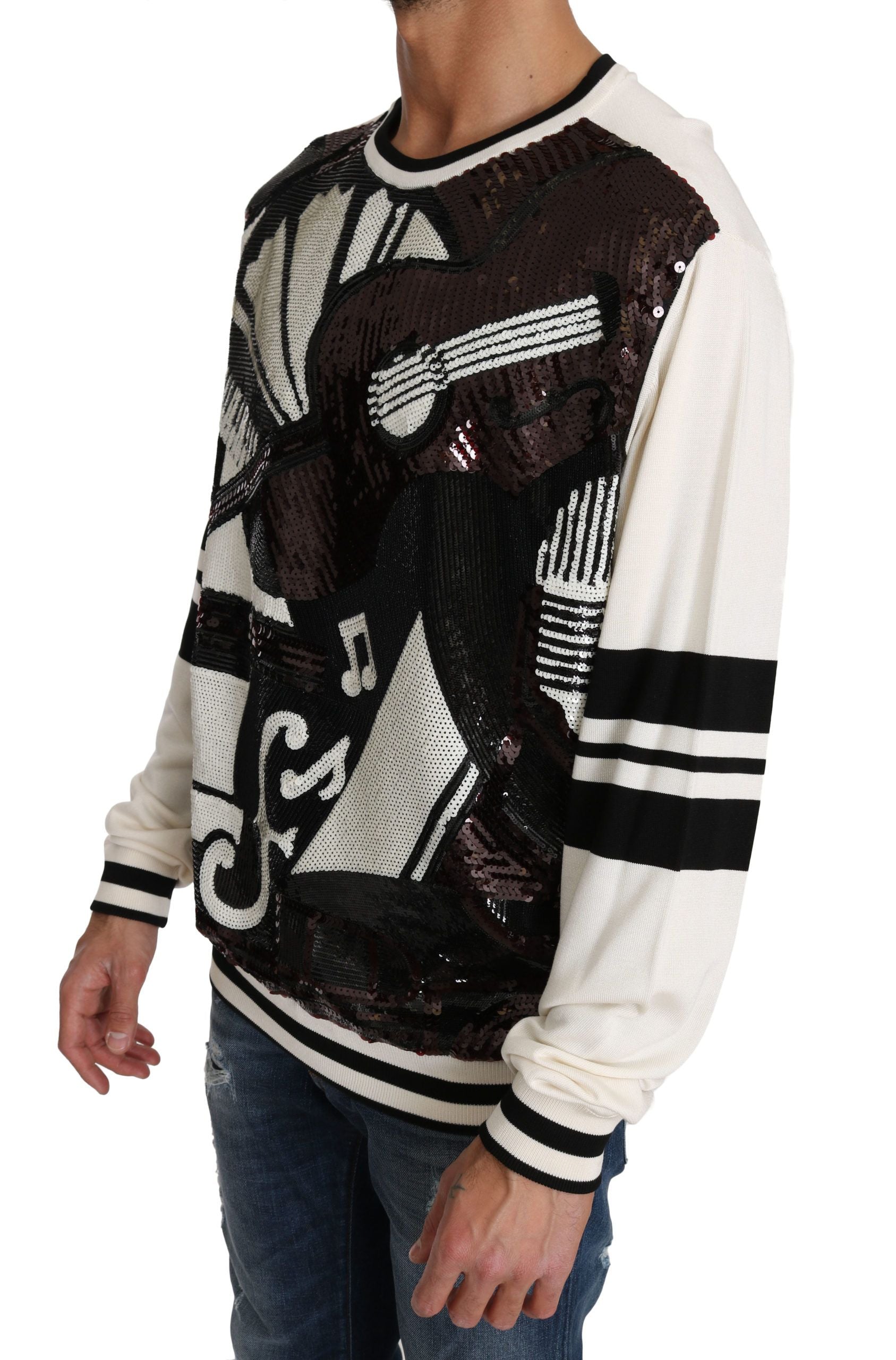New Dolce & Gabbana White Jazz Sequined Guitar Pullover Top Sweater