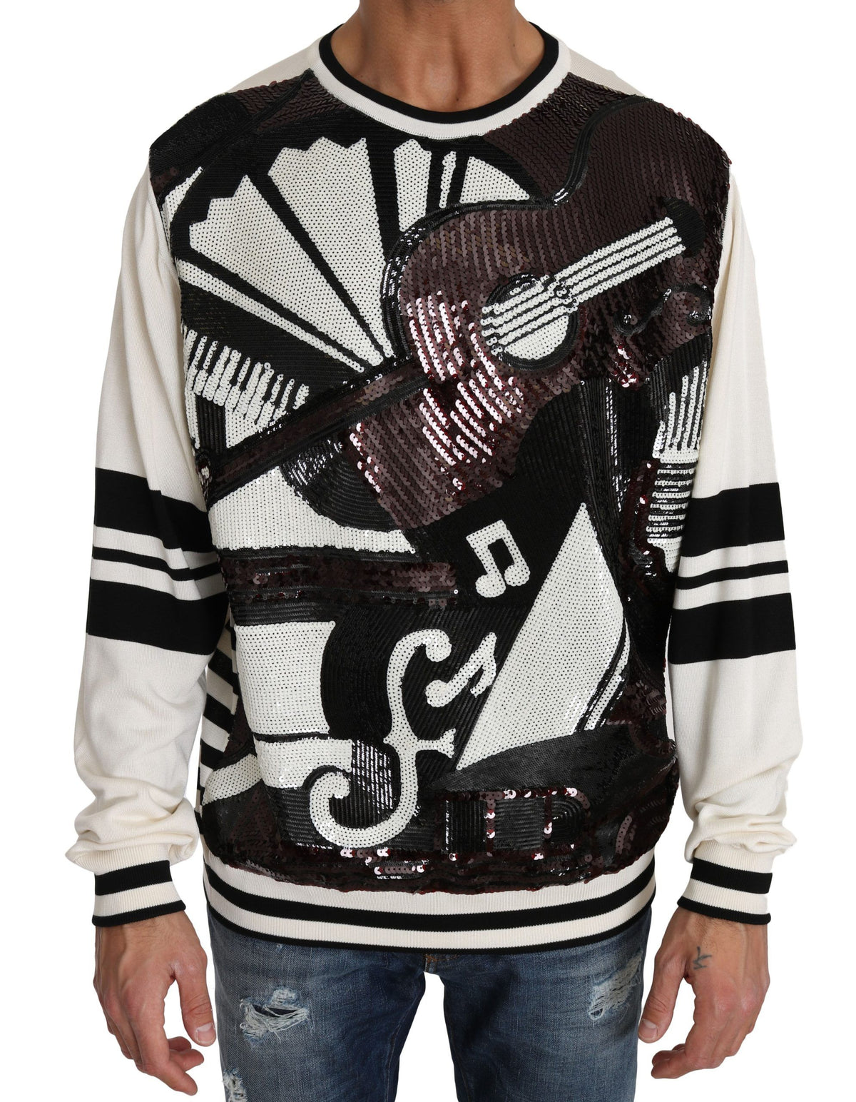 New Dolce & Gabbana White Jazz Sequined Guitar Pullover Top Sweater