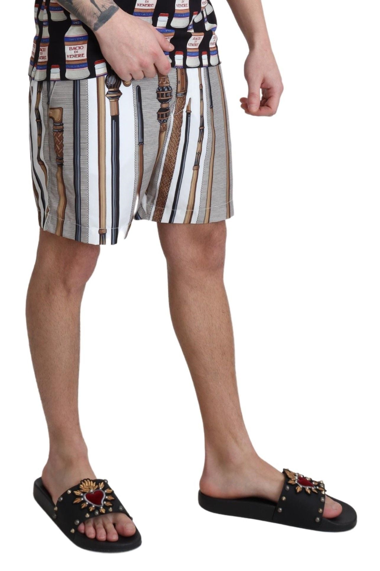 New Dolce & Gabbana White Walking Stick Beachwear Shorts Swimshorts