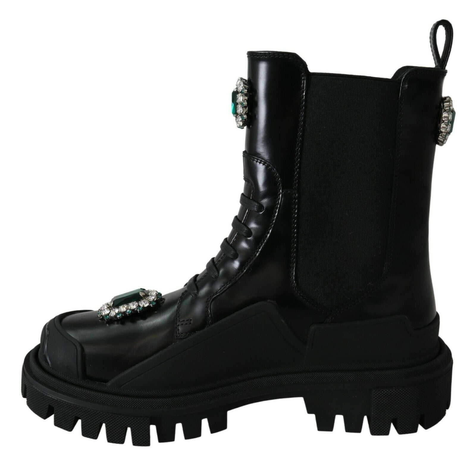 New Dolce & Gabbana Black Leather Crystal Combat Boots