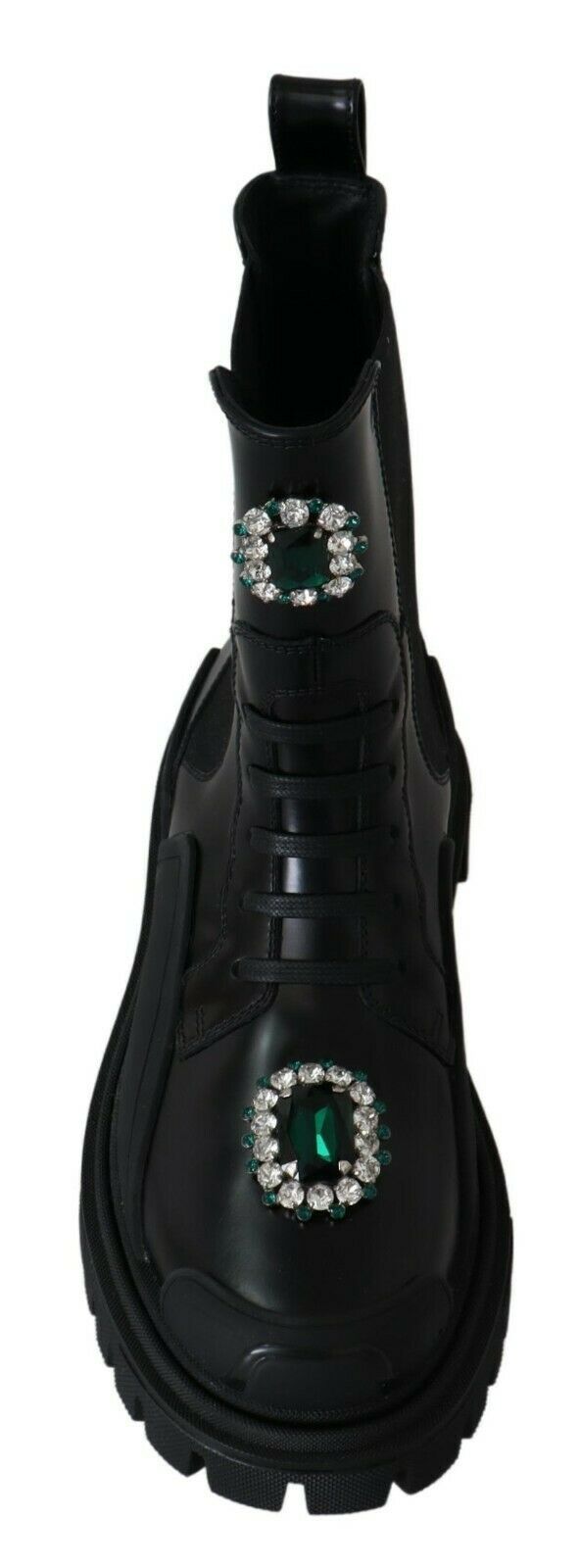New Dolce & Gabbana Black Leather Crystal Combat Boots
