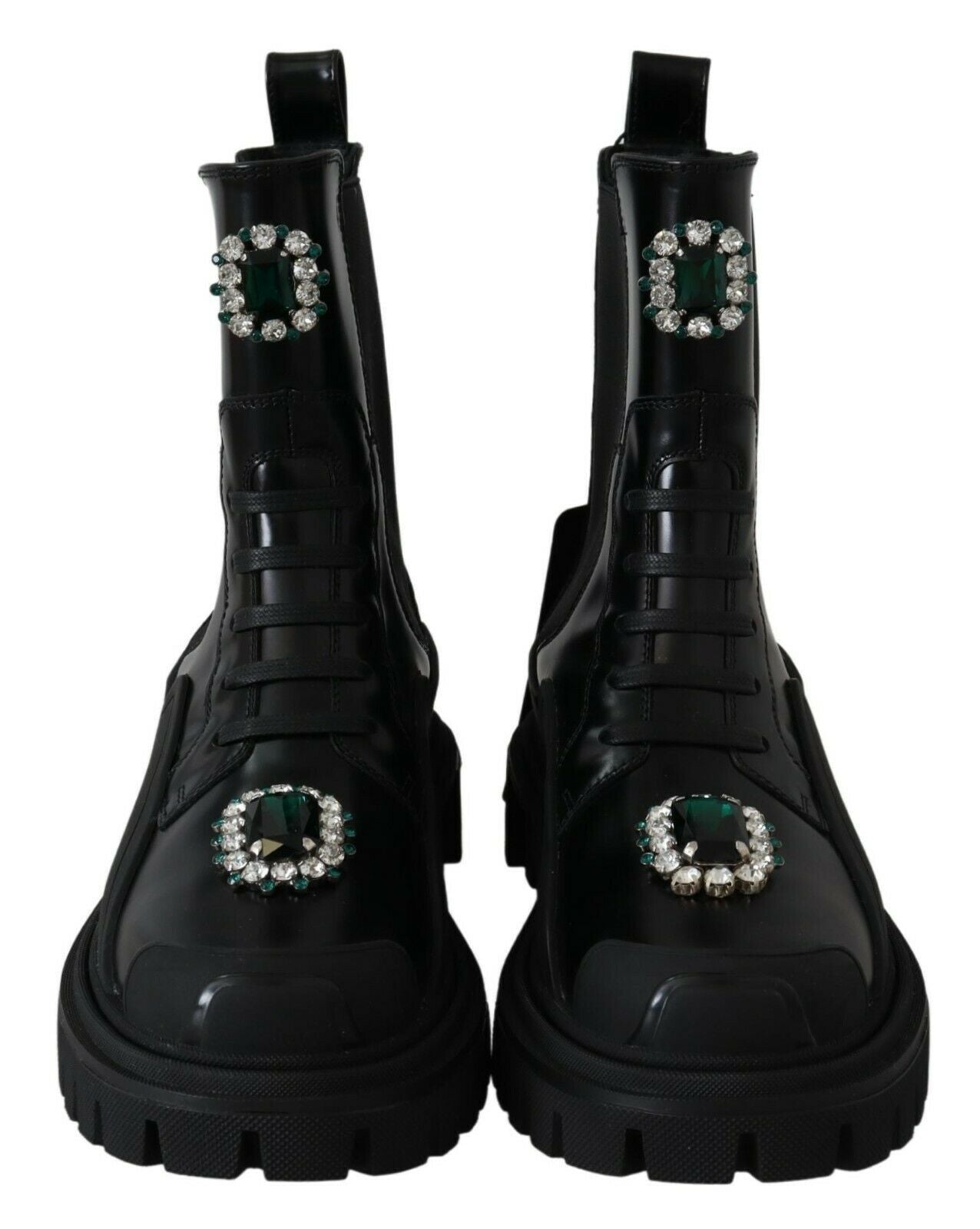 New Dolce & Gabbana Black Leather Crystal Combat Boots
