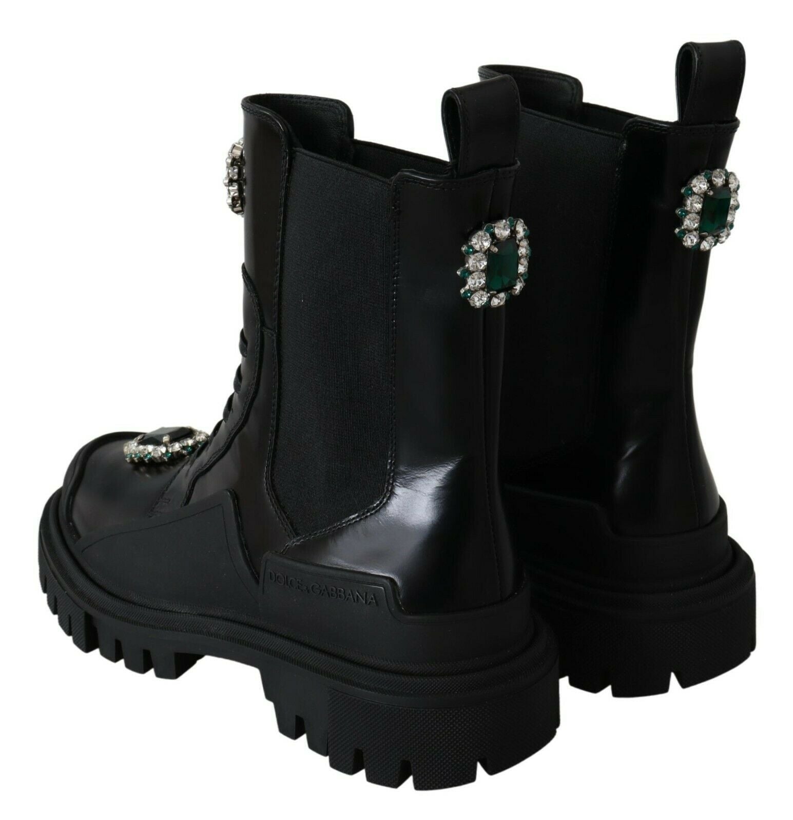 New Dolce & Gabbana Black Leather Crystal Combat Boots