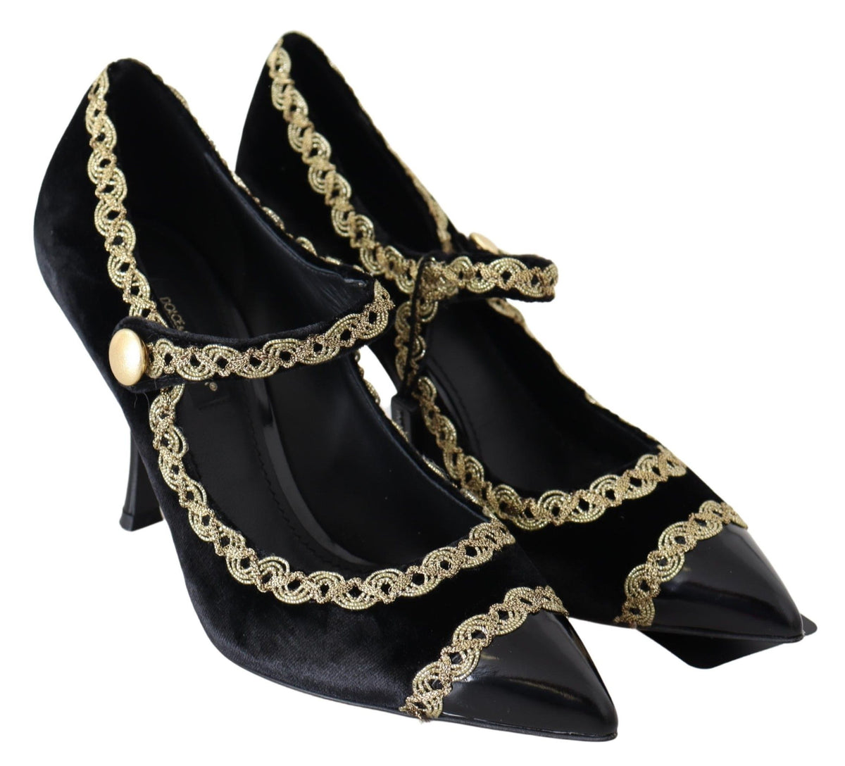 New Dolce & Gabbana Black Velvet Gold Mary Janes Pumps