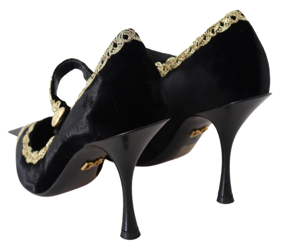 New Dolce & Gabbana Black Velvet Gold Mary Janes Pumps