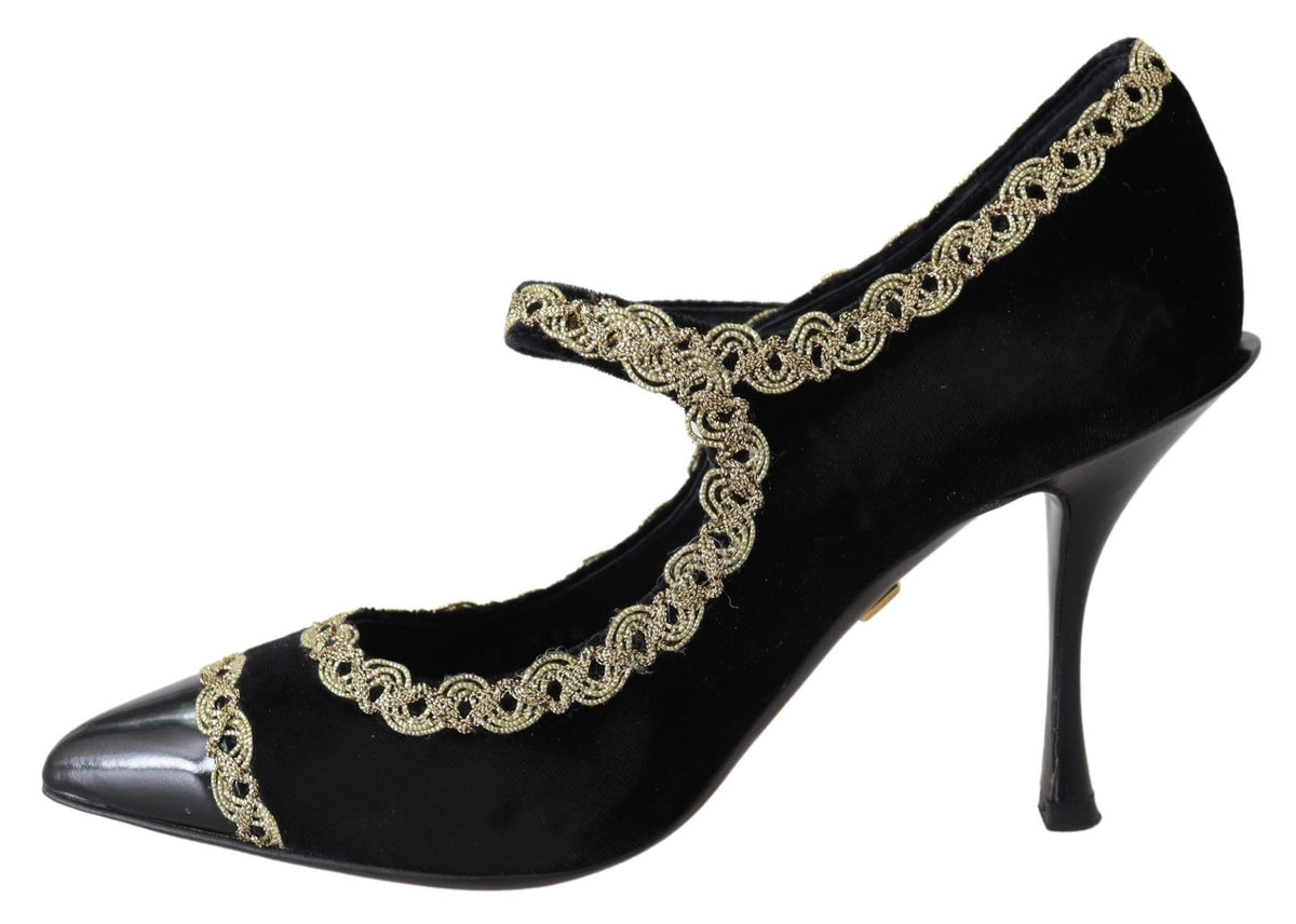 New Dolce & Gabbana Black Velvet Gold Mary Janes Pumps