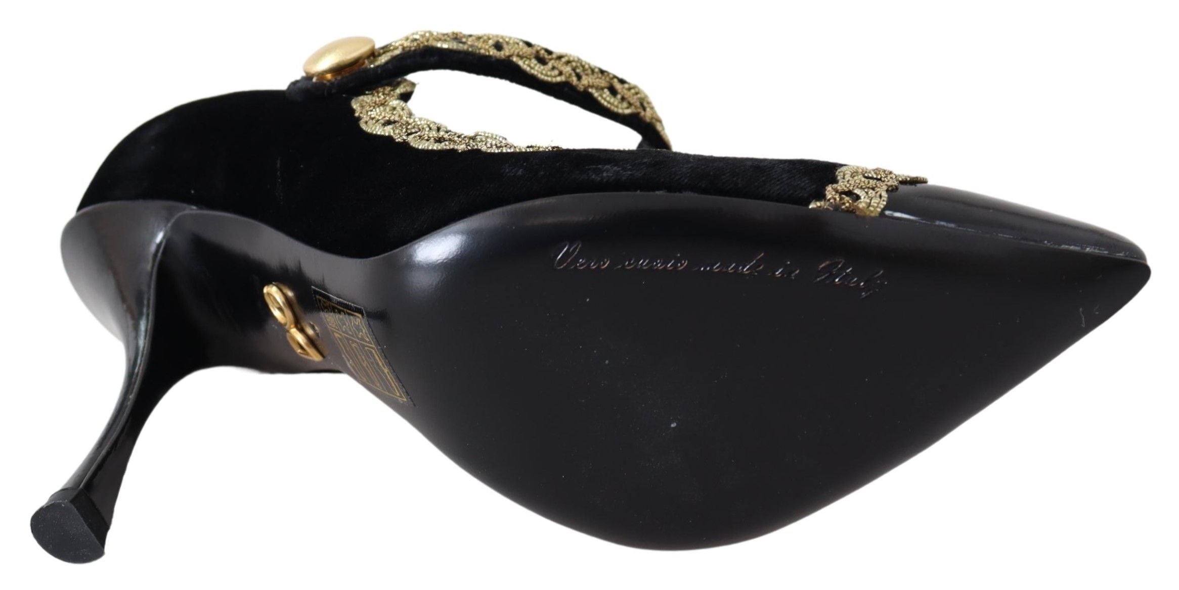 New Dolce & Gabbana Black Velvet Gold Mary Janes Pumps