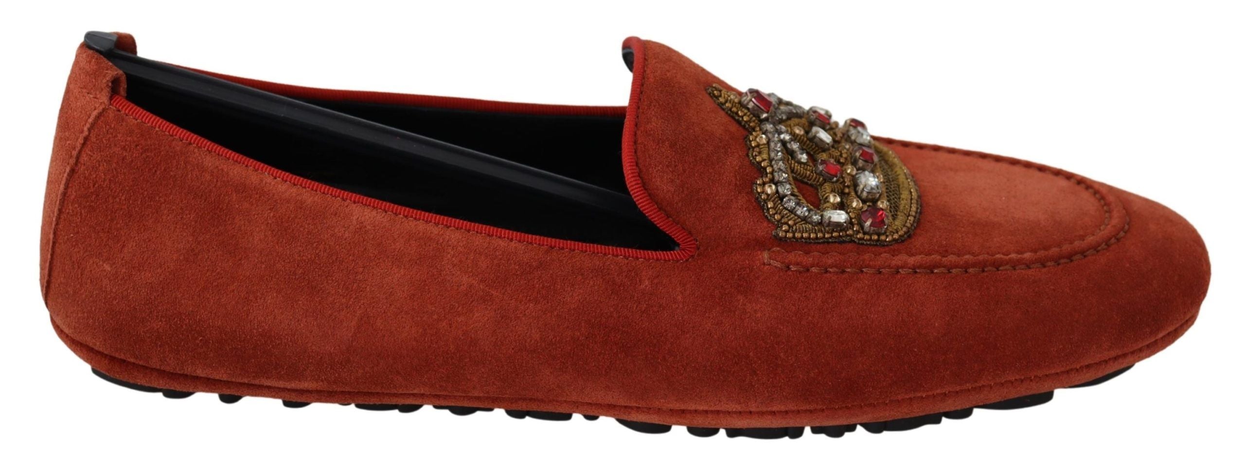 New Dolce & Gabbana Orange Leather Crystal Crown Loafers Shoes
