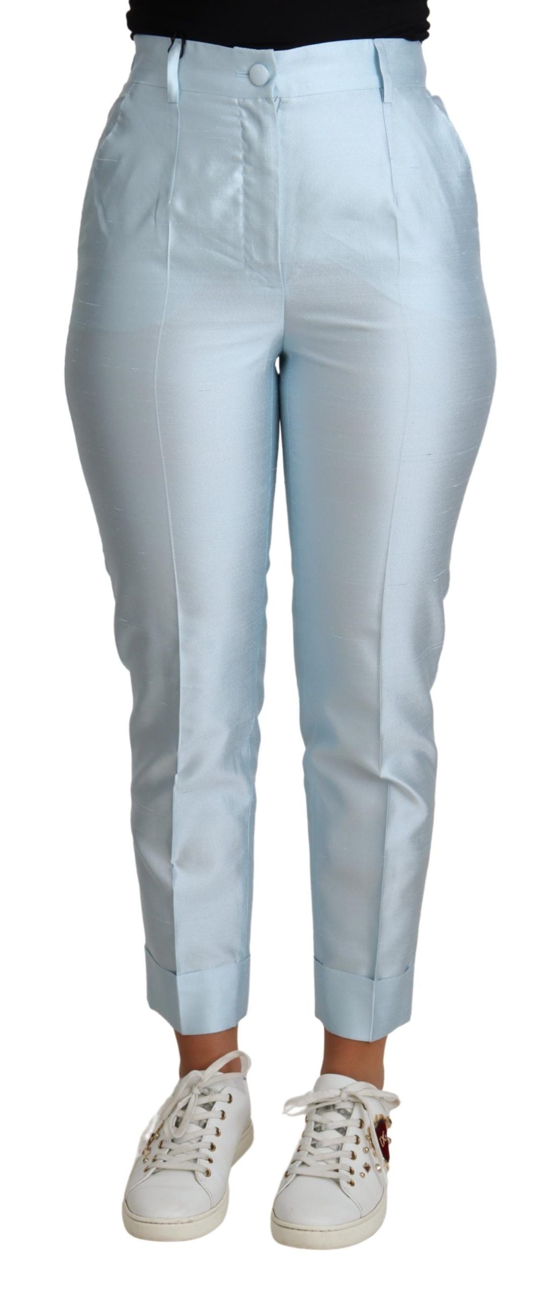 New Dolce & Gabbana Light Blue Silk Cropped Tapered Trouser Pants