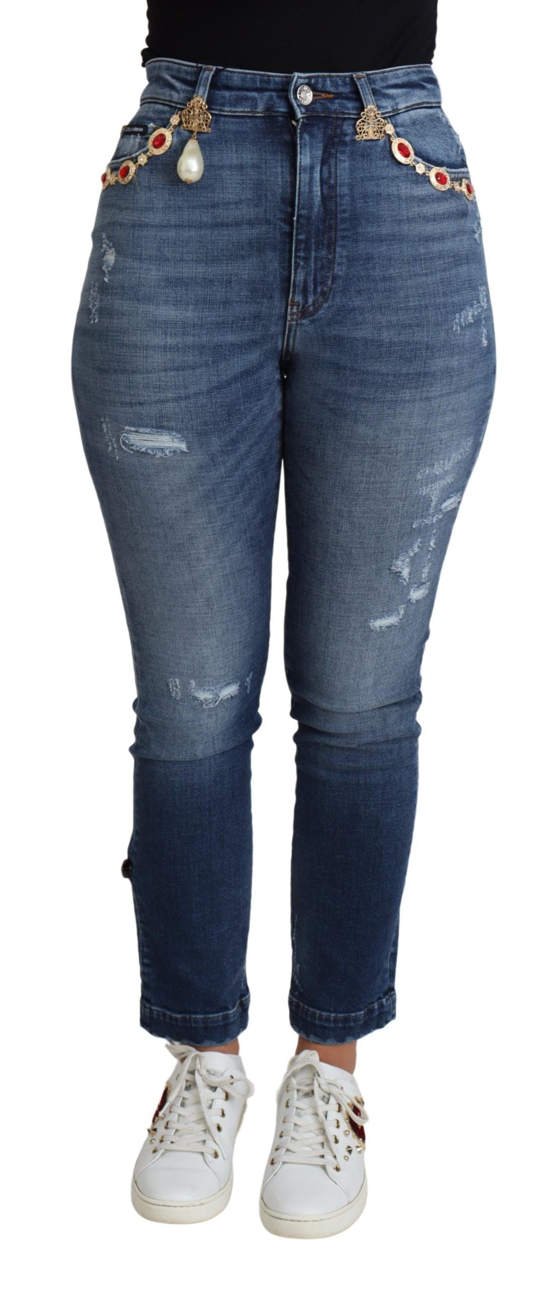 New Dolce & Gabbana Blue Embellished Skinny Trouser Cotton Jeans