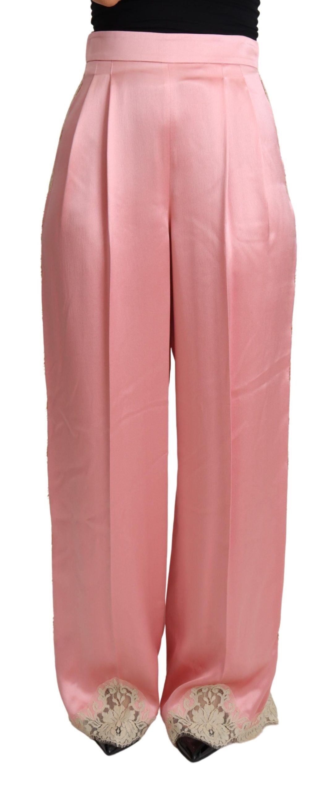 New Dolce & Gabbana Pink Lace Trimmed Silk Satin Wide Legs Pants