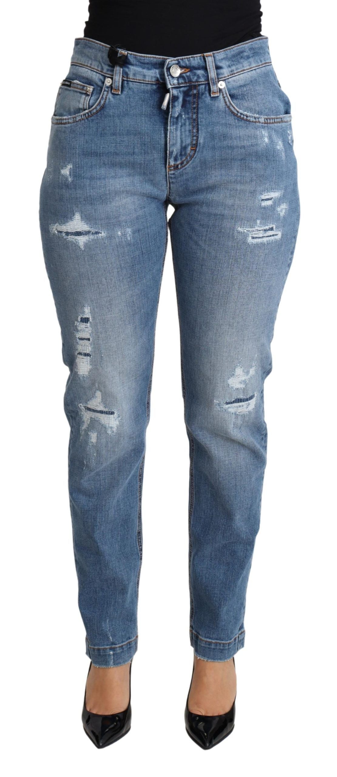 New Dolce & Gabbana Blue Tattered Skinny Denim Cotton Blend Jeans