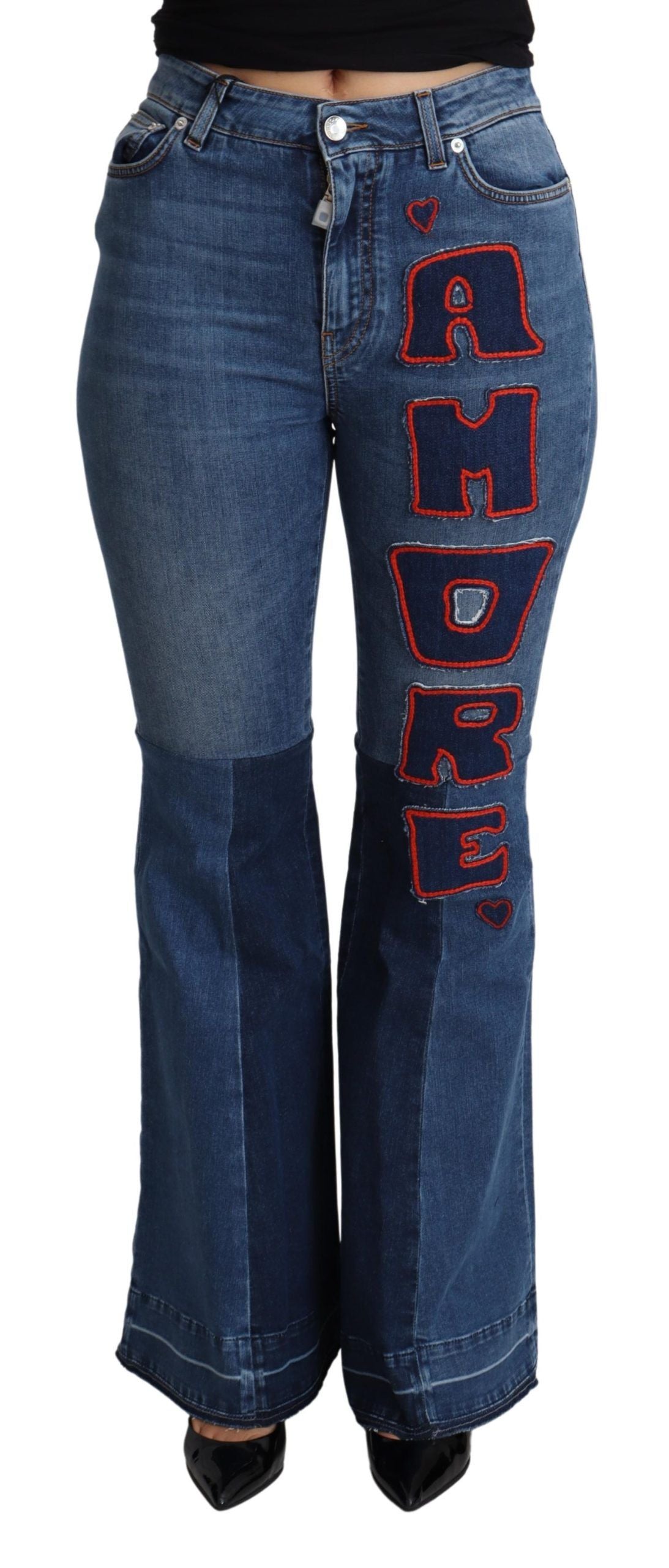 New Dolce & Gabbana Blue Amore Patch Boot Cut Cotton Stretch Pant