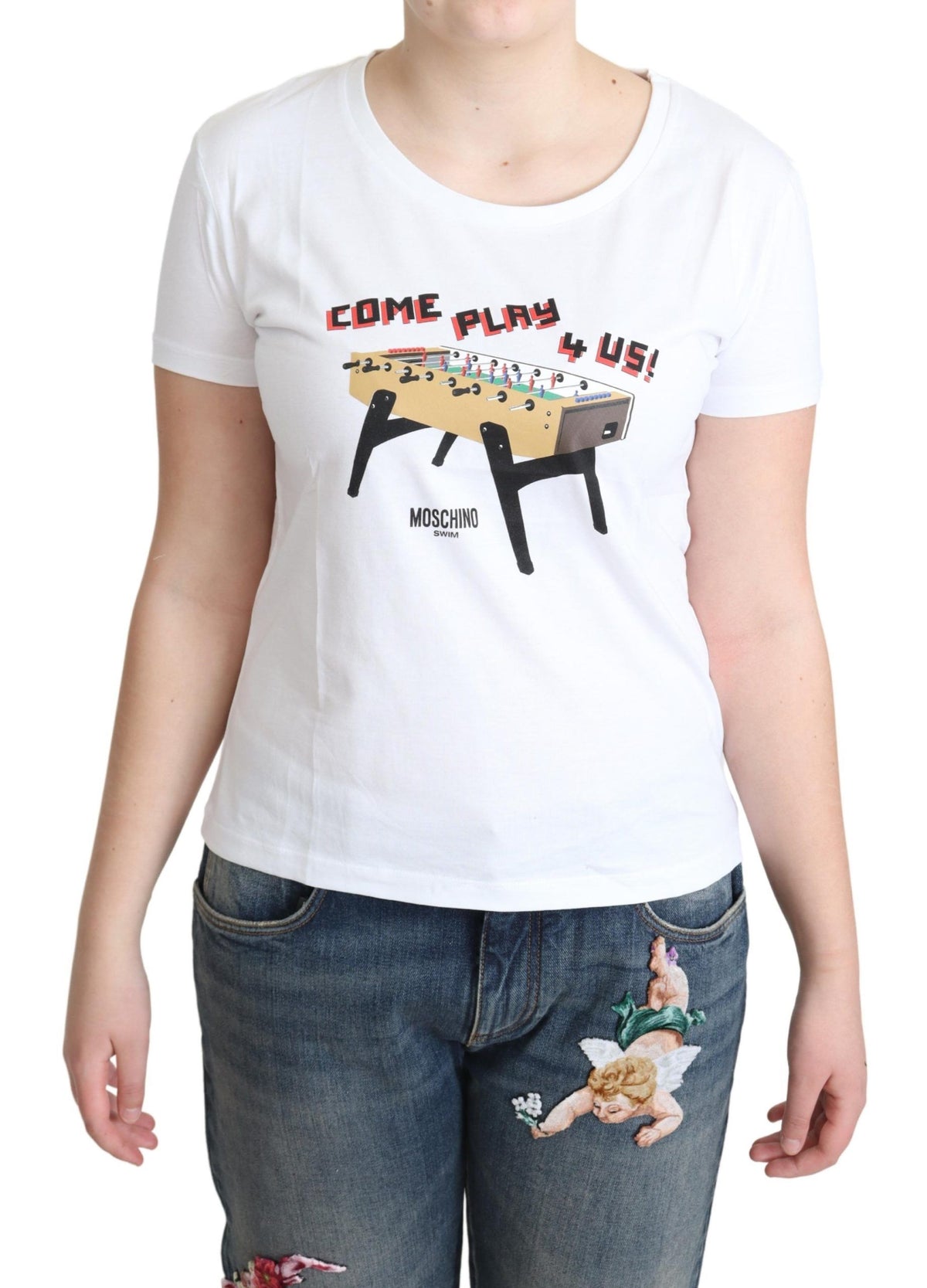 New Moschino White Cotton Come Play 4 Us Print Tops T-shirt
