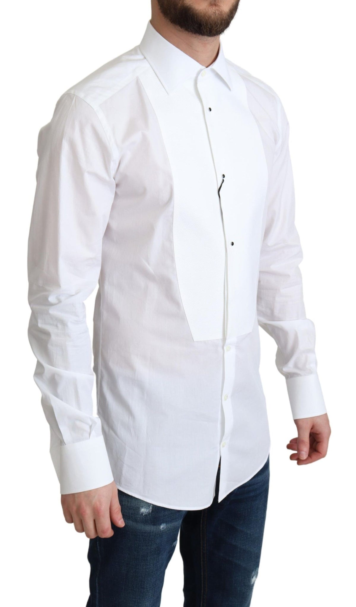 New Dolce & Gabbana White Bib Cotton Poplin Men Formal Shirt