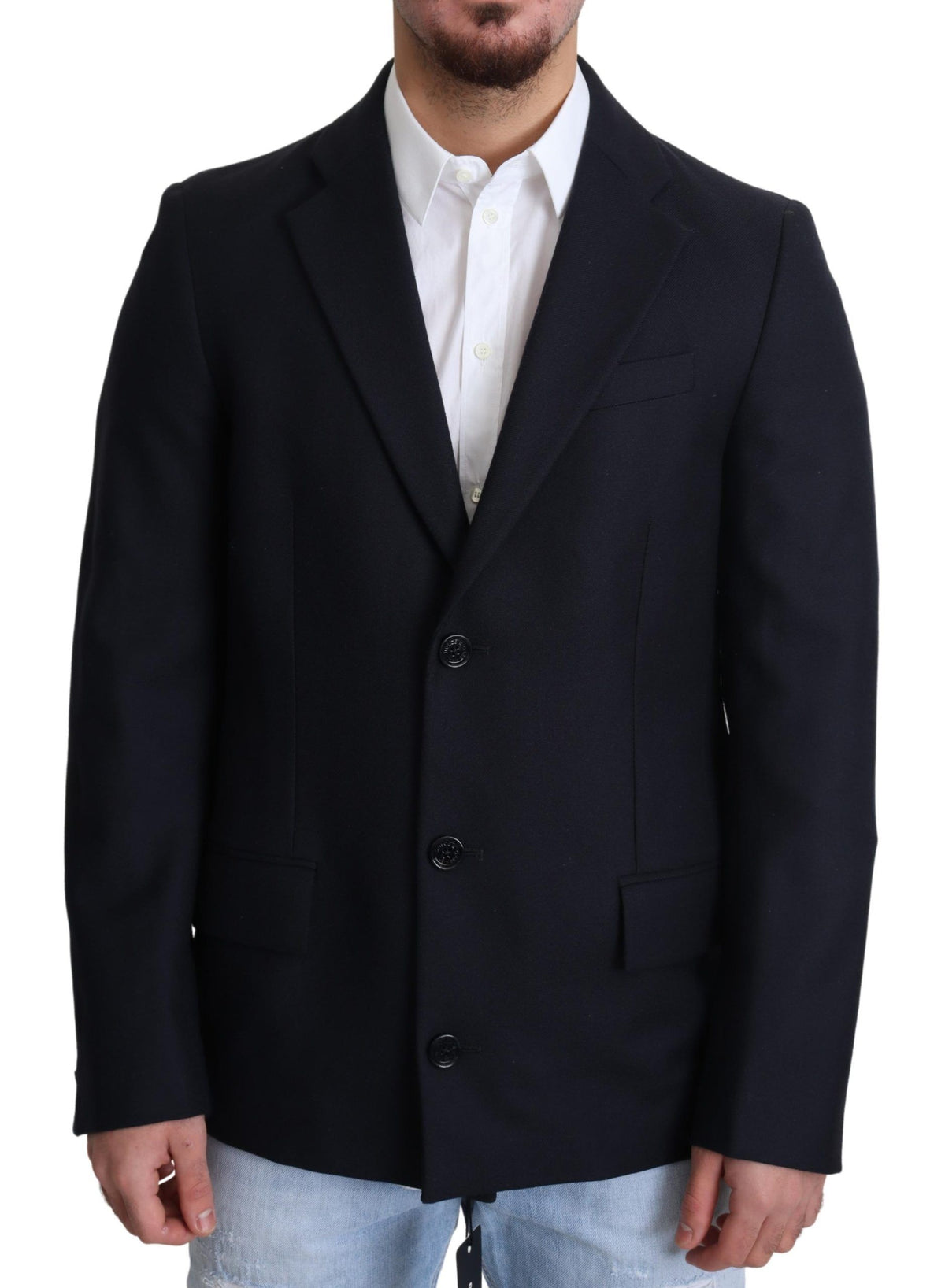 New Dolce & Gabbana Dark Blue Wool Single Breasted Coat Jacket