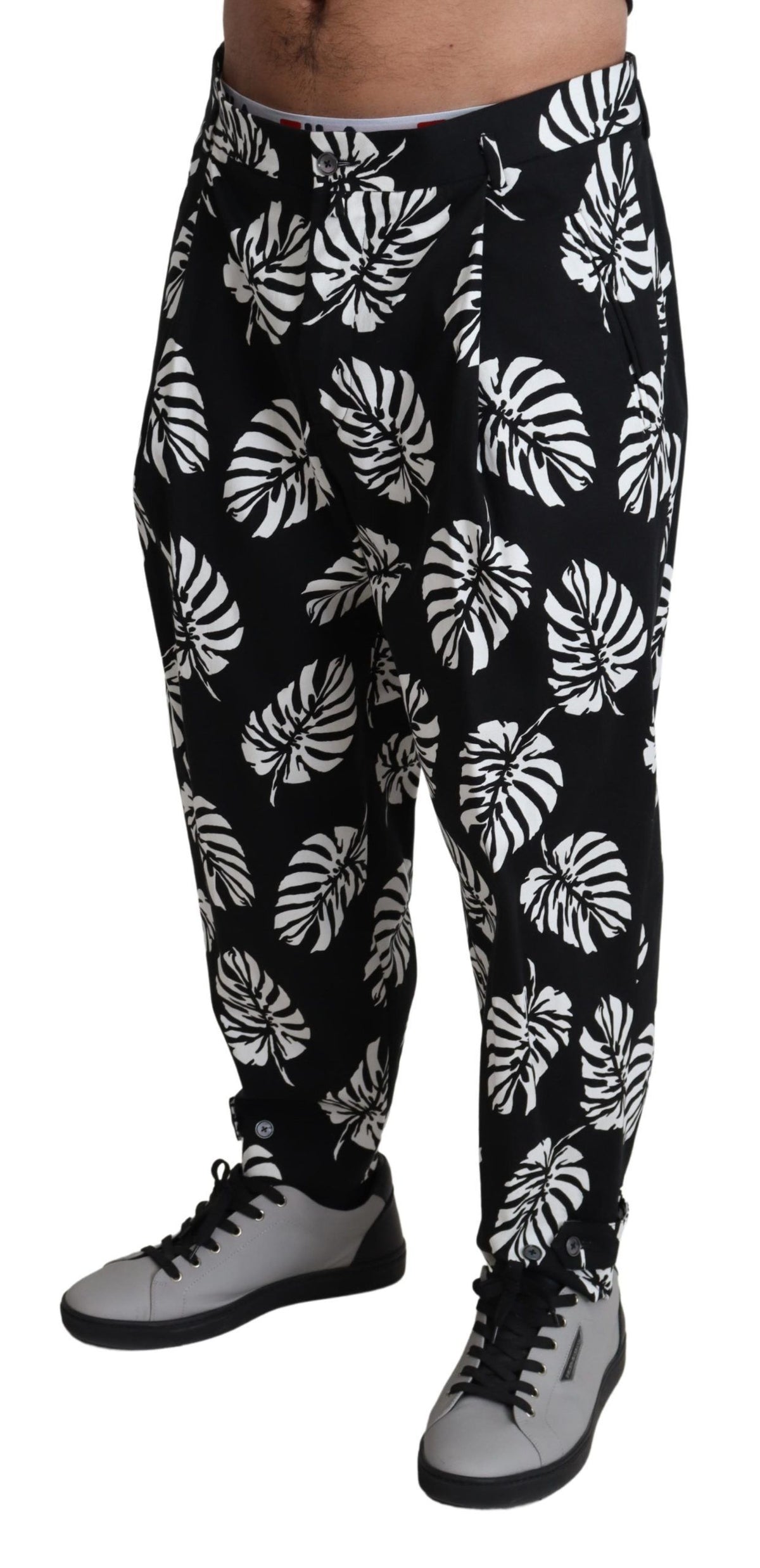 New Dolce & Gabbana Black Leaf Cotton Stretch Trouser Pants Pants