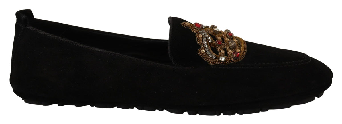 New Dolce & Gabbana Black Leather Crystal Gold Crown Loafers Shoes