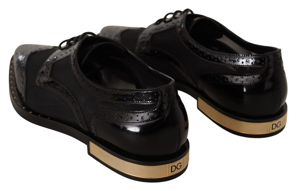New Dolce & Gabbana Black Leather Broques Sheer Wingtip Shoes