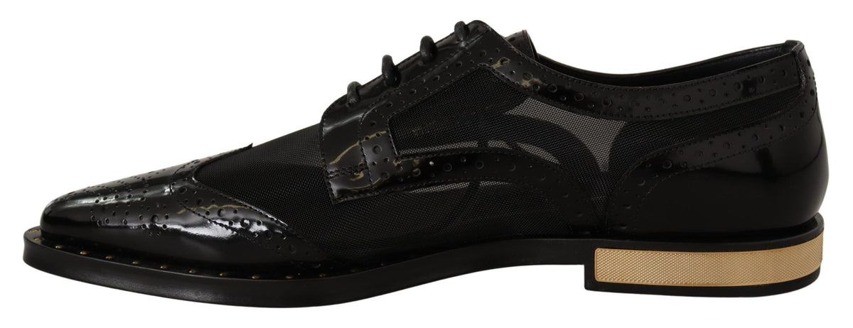 New Dolce & Gabbana Black Leather Broques Sheer Wingtip Shoes