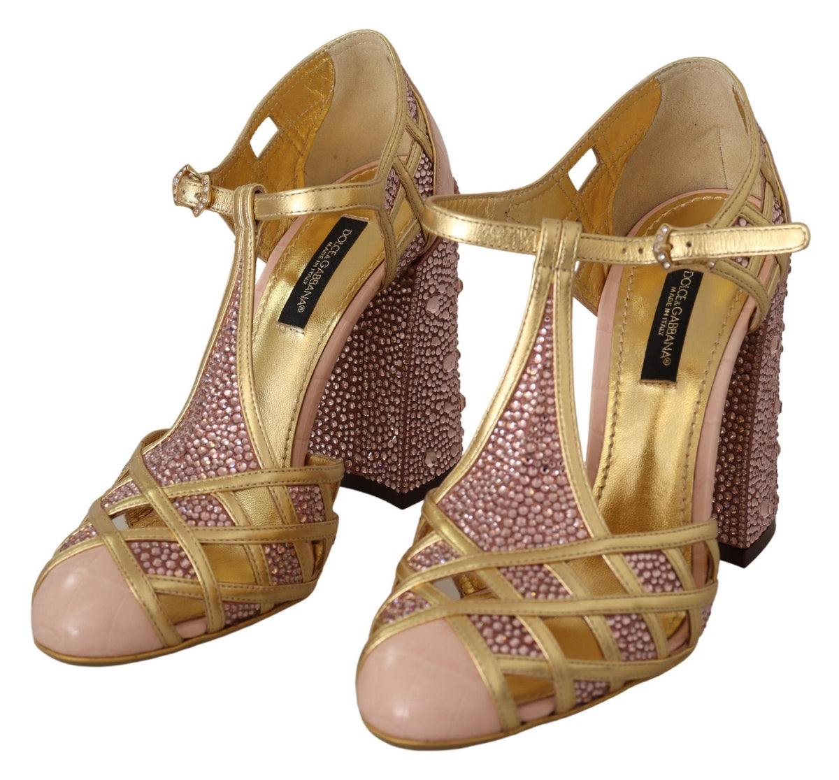 New Dolce & Gabbana Pink Gold Leather Crystal Pumps T-strap Shoes