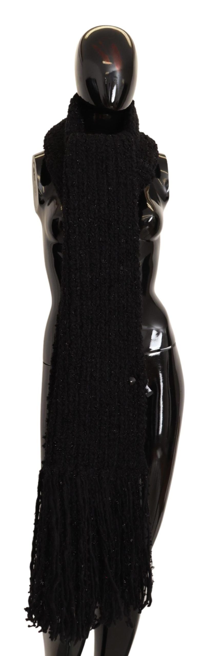 New Dolce & Gabbana Black Virgin Wool Knitted Wrap Shawl Scarf