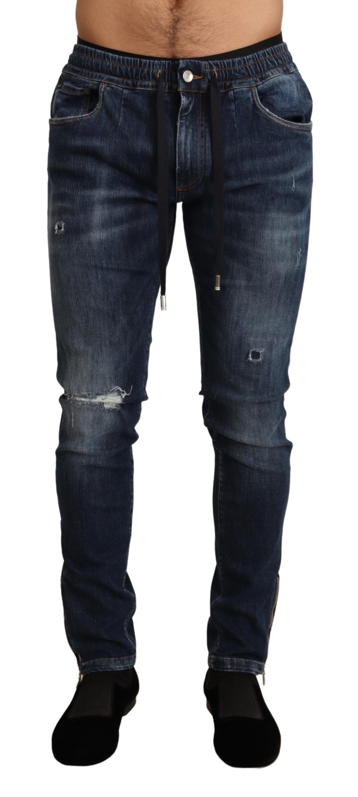 New Dolce & Gabbana Blue Cotton Stretch Tattered Denim Jeans