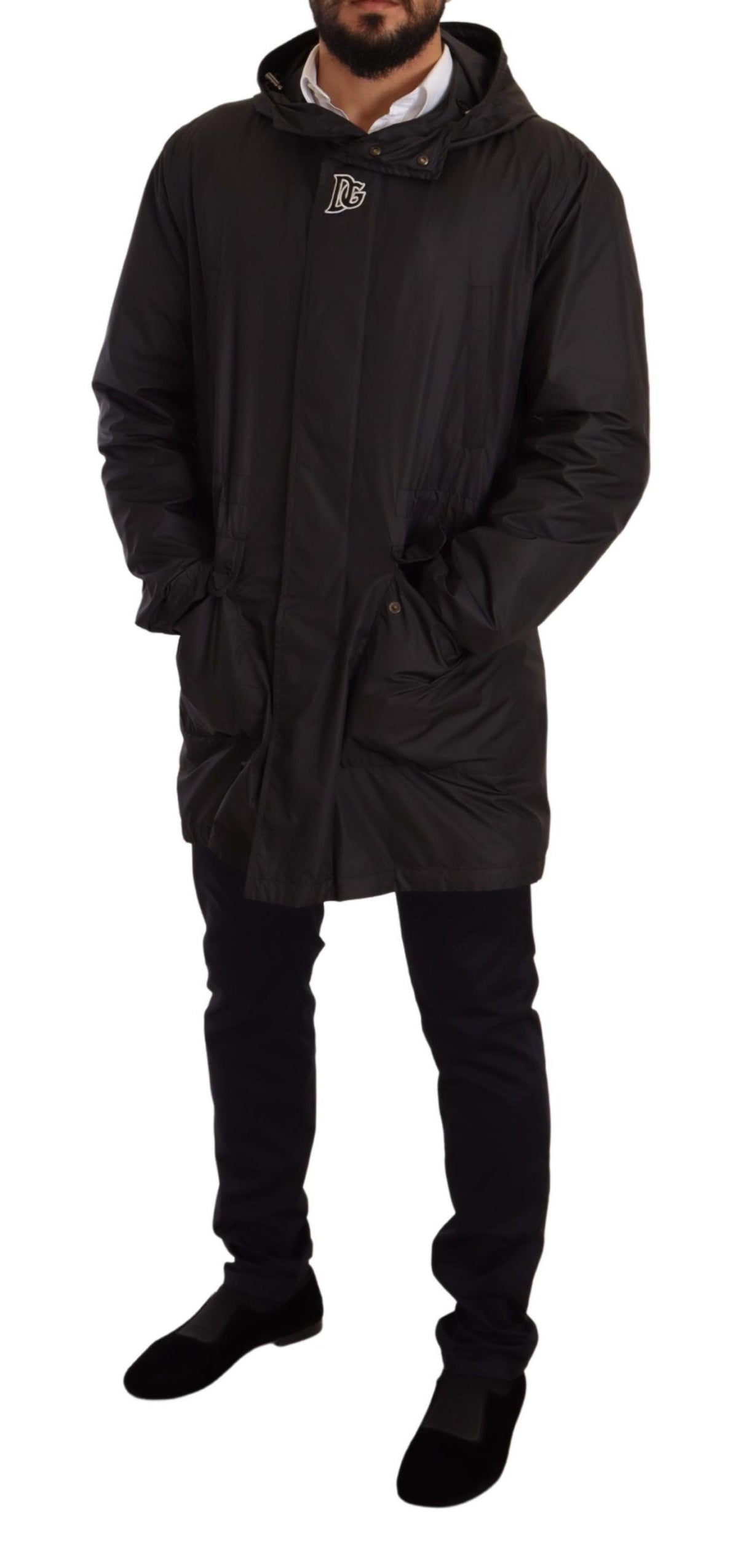 New Dolce & Gabbana Black Hooded Mens Trench Coat Jacket