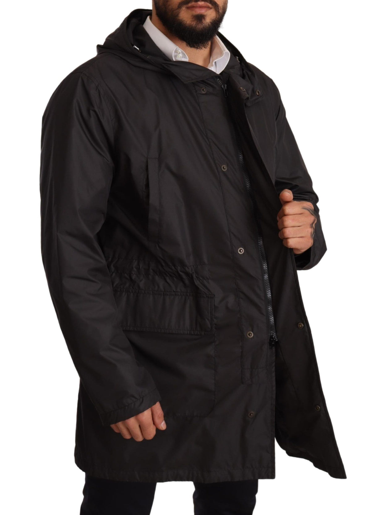 New Dolce & Gabbana Black Hooded Mens Trench Coat Jacket