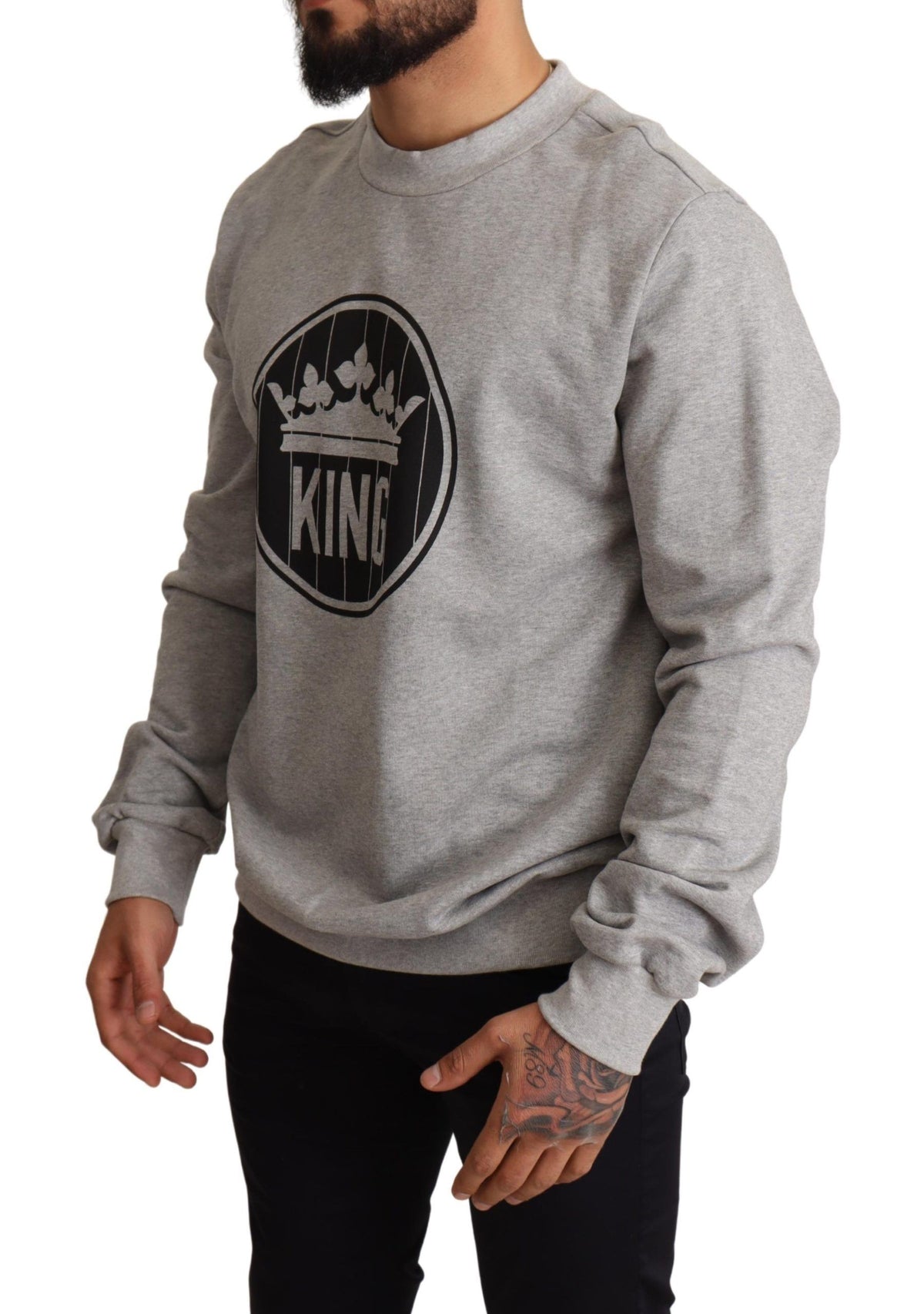New Dolce & Gabbana Gray Crown King Print Cotton Sweater