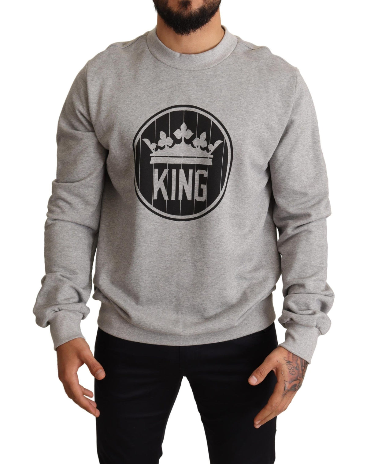 New Dolce & Gabbana Gray Crown King Print Cotton Sweater