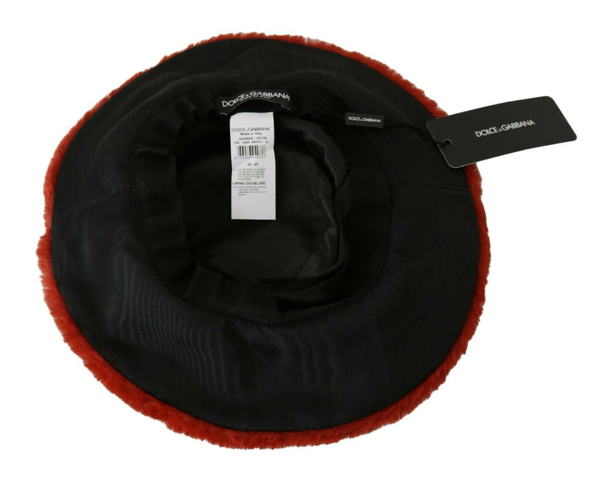 New Dolce & Gabbana Red Burgundy Fur Wide Brim Bucket Hat