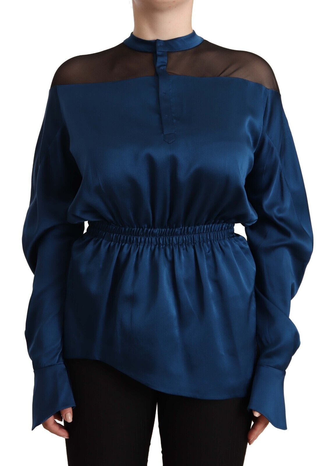 New Masha Ma Blue Silk Long Sleeves Elastic Waist Top Blouse