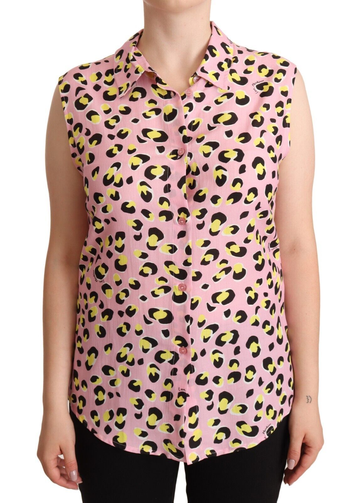 New Love Moschino Pink Leopard Print Sleeveless Collared Polo Top