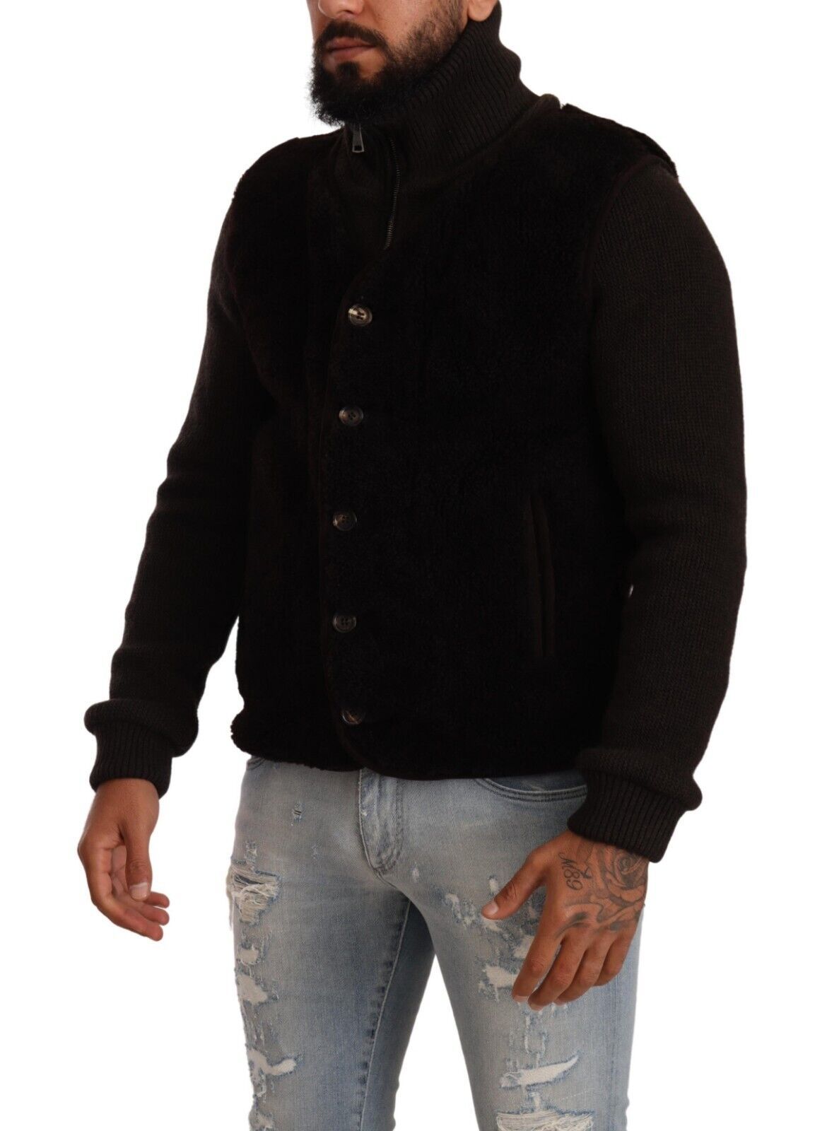 New Dolce & Gabbana Black Leather Mens Turtle Neck Coat Jacket