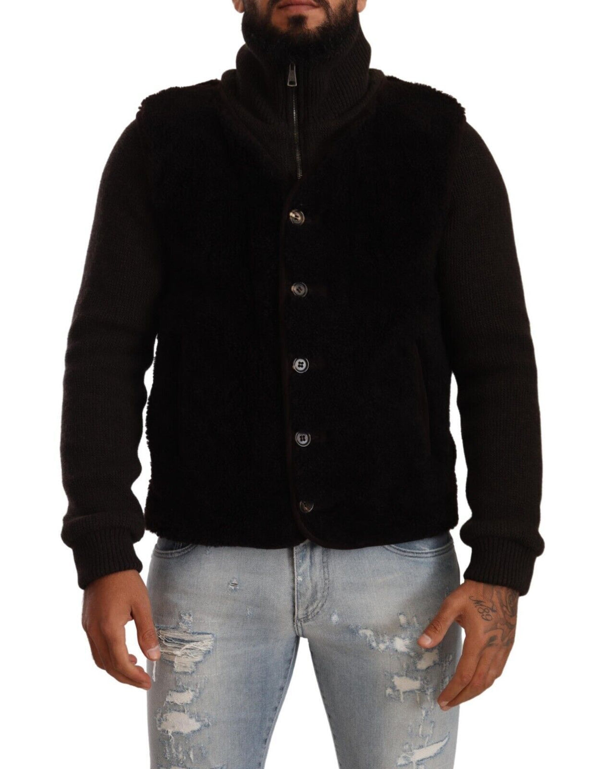 New Dolce & Gabbana Black Leather Mens Turtle Neck Coat Jacket