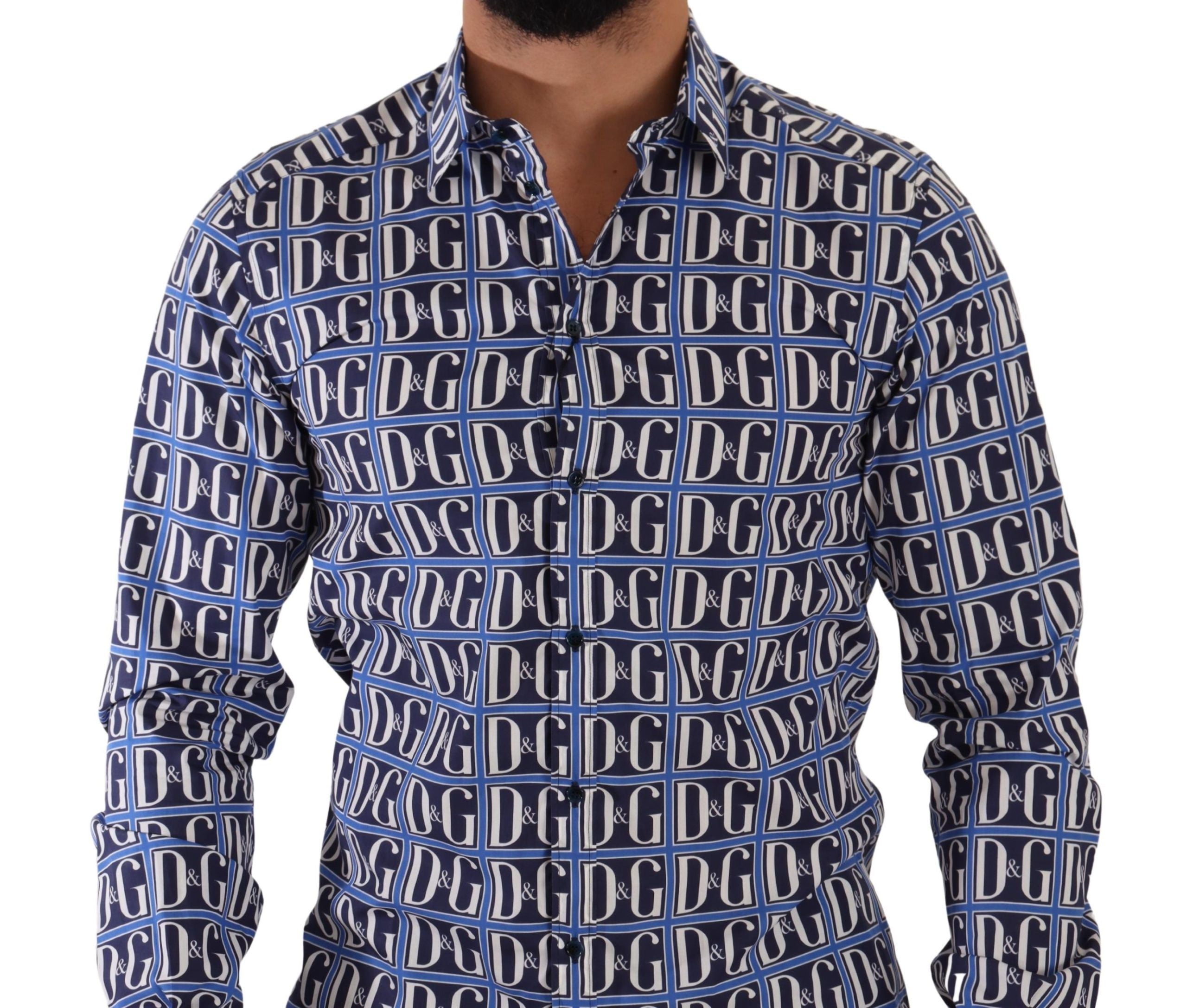 New Dolce & Gabbana Blue Logo Mania Slim Fit Cotton Shirt
